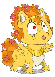 Size: 1500x2100 | Tagged: safe, artist:wispy tuft, derpibooru import, oc, oc:wispy tuft, sphinx, :p, chest fluff, eye liner, flower, flower in hair, freckles, image, jewelry, looking at you, png, scrungly, silly, solo, sphinx oc, spots, spread wings, staring into your soul, tongue out, wings