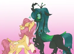 Size: 2048x1500 | Tagged: safe, artist:battiegutz, derpibooru import, fluttershy, queen chrysalis, changeling, changeling queen, pegasus, pony, alternate design, blaze (coat marking), blue sclera, blushing, boop, carapace, chrysashy, coat markings, colored belly, colored hooves, colored pinnae, colored sclera, concave belly, curved horn, dock, duo, duo female, eyelashes, eyeshadow, facial markings, female, floppy ears, g4, gradient background, green blush, green eyes, heart, height difference, horn, image, lesbian, lidded eyes, makeup, mare, no mouth, noseboop, png, raised hoof, shiny mane, shiny tail, shipping, socks (coat marking), standing, straight mane, straight tail, tail, teal mane, teal tail