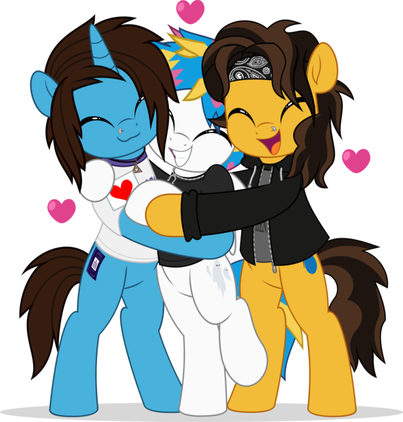 Size: 4776x5000 | Tagged: safe, artist:jhayarr23, derpibooru import, ponified, earth pony, pegasus, pony, unicorn, awsten knight, bipedal, bipedal leaning, clothes, commission, dyed mane, dyed tail, gay, geoff wigington, happy, headband, heart, hoodie, horn, hug, image, jewelry, leaning, letter, love letter, male, necklace, nose piercing, open mouth, otto wood, partially open wings, piercing, png, shipping, shirt, simple background, stallion, t-shirt, tail, transparent background, trio, trio male, waterparks, wings, ych result