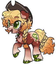 Size: 1428x1631 | Tagged: safe, artist:battiegutz, derpibooru import, part of a set, applejack, earth pony, pony, alternate color palette, alternate design, alternate hair color, alternate hairstyle, alternate tailstyle, applejack's hat, blaze (coat marking), blonde mane, blonde tail, braid, braided ponytail, chest fluff, coat markings, colored eartips, colored eyebrows, colored hooves, colored sclera, cowboy hat, dappled, eye clipping through hair, eyebrows, eyebrows visible through hair, facial markings, female, floppy ears, freckles, g4, gradient mane, gradient tail, green eyes, hat, image, mare, mealy mouth (coat marking), open mouth, open smile, png, ponytail, raised hoof, raised hooves, red coat, redesign, shiny hoof, simple background, smiling, socks (coat marking), solo, standing, tail, twitterina design, two toned mane, two toned tail, white background, wingding eyes, yellow mane, yellow tail