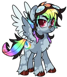 Size: 1313x1516 | Tagged: safe, artist:battiegutz, derpibooru import, part of a set, rainbow dash, pegasus, pony, alternate color palette, alternate cutie mark, alternate design, alternate hair color, alternate hairstyle, alternate tailstyle, bandaid, bandaid on nose, blue coat, chest fluff, coat markings, colored eyebrows, colored hooves, colored wings, colored wingtips, cutie mark eyes, dappled, eye clipping through hair, eyebrows, eyebrows visible through hair, facial markings, female, g4, goggles, goggles on head, image, leg fluff, looking at you, mare, messy mane, messy tail, multicolored hair, multicolored mane, multicolored tail, pink eyes, png, rainbow hair, rainbow tail, redesign, shiny hoof, shiny mane, shiny tail, simple background, smiling, smiling at you, splotches, spread wings, standing, tail, twitterina design, two toned wings, unshorn fetlocks, white background, wingding eyes, wings