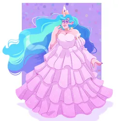 Size: 2048x2044 | Tagged: safe, artist:irisikiki, derpibooru import, princess celestia, human, bare shoulders, breasts, busty princess celestia, choker, cleavage, clothes, dress, ear piercing, earring, female, g4, gown, high res, horn, horned humanization, humanized, image, jewelry, light skin, looking at you, passepartout, piercing, png, simple background, smiling, smiling at you, solo, white background