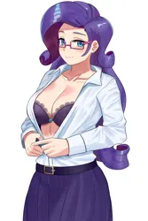 Size: 800x1200 | Tagged: suggestive, artist:tzc, derpibooru import, rarity, human, equestria girls, spoiler:interseason shorts, beautiful, beautisexy, belt, big breasts, bra, breasts, busty rarity, clothes, dress, female, females only, fingernails, glasses, glasses rarity, humanized, image, implied nudity, looking at you, nails, png, shirt, simple background, skirt, smiling, smiling at you, solo, solo female, stupid sexy rarity, teacher, underwear, undressing, white background