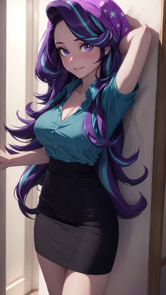 Size: 848x1507 | Tagged: suggestive, ai content, derpibooru import, editor:sammykun, machine learning generated, starlight glimmer, human, equestria girls, big breasts, blurry background, breasts, busty starlight glimmer, button-up shirt, cleavage, clothes, curvy, female, g4, generator:yodayo, hourglass figure, humanized, image, jpeg, long hair, looking at you, outdoors, pantyhose, pencil skirt, prompter:sammykun, shirt, short sleeved shirt, short sleeves, skirt, solo, stupid sexy starlight glimmer, sultry pose, unbuttoned, underwear, white shirt