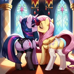 Size: 1024x1024 | Tagged: suggestive, ai content, derpibooru import, machine learning generated, prompter:airus, stable diffusion, fluttershy, twilight sparkle, pegasus, pony, unicorn, blushing, butt, clothes, dock, eyes closed, eyes open, female, g4, garter belt, garters, generator:pony diffusion v6 xl, horn, image, lace, lesbian, lingerie, looking at you, looking back, looking back at you, mare, plot, png, ship:twishy, shipping, socks, stockings, tail, thigh highs, unicorn twilight