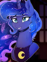 Size: 1200x1551 | Tagged: safe, artist:thelunarmoon, edit, princess luna, alicorn, pony, bust, ethereal mane, eyeshadow, female, g4, galaxy mane, grin, image, lidded eyes, makeup, mare, peytral, png, signature, skin cancer removal, smiling, solo, starry mane