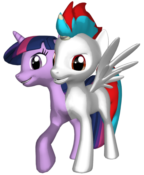 Size: 1206x1459 | Tagged: safe, derpibooru import, twilight sparkle, oc, oc:solar eclipse, alicorn, pony, 3d, blue mane, conjoined, cyan mane, female, image, light skin, looking left, male, mare, one leg raised, open mouth, png, purple eyes, purple skin, red eyes, simple background, smiling, spread wings, transparent background, wings