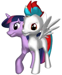 Size: 1206x1459 | Tagged: safe, derpibooru import, twilight sparkle, oc, oc:solar eclipse, alicorn, pony, 3d, blue mane, conjoined, cyan mane, female, image, light skin, looking left, male, mare, one leg raised, open mouth, png, purple eyes, purple skin, red eyes, simple background, smiling, spread wings, transparent background, wings