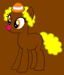 Size: 386x454 | Tagged: safe, artist:caecii, artist:spitfirethepegasusfan39, ponerpics import, dotty, ponified, earth pony, pony, adult blank flank, base used, blank flank, brown background, clothes, female, freckles, hat, image, little miss, little miss dotty, mare, mr. men, mr. men little miss, png, simple background, smiling, solo