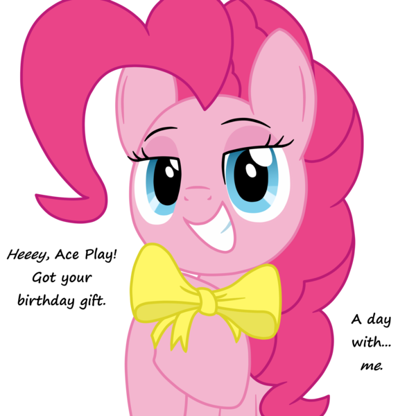 Size: 2000x2000 | Tagged: safe, artist:latiken, derpibooru import, pinkie pie, earth pony, pony, dialogue, female, g4, gift art, grin, image, implied oc, lidded eyes, looking at you, mare, png, ribbon, simple background, smiling, smiling at you, solo, talking to viewer, transparent background