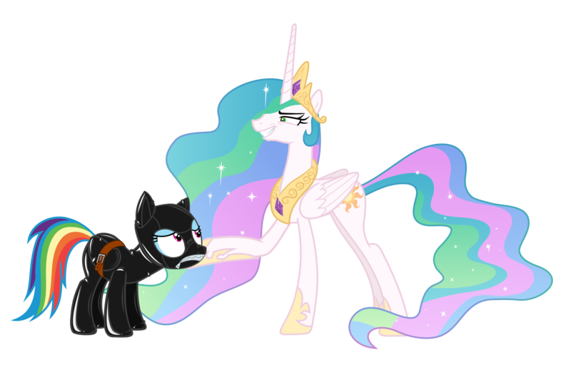 Size: 4660x3000 | Tagged: suggestive, artist:tiger99, princess celestia, queen chrysalis, rainbow dash, pony, /mlp/ latex requests, bondage, bound wings, crown, duo, encasement, female, frown, gimp suit, grin, hoof on chin, hoof shoes, image, jewelry, latex, latex mask, latex suit, looking at each other, mare, peytral, png, regalia, show accurate, side view, simple background, smiling, transparent background, wings, zippermouth