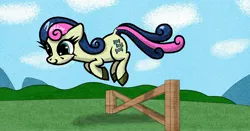 Size: 2040x1065 | Tagged: safe, artist:scandianon, derpibooru import, bon bon, sweetie drops, earth pony, pony, female, fence, floppy ears, horses doing horse things, image, jpeg, jumping, mare, outdoors, running, smiling