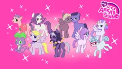 Size: 3144x1784 | Tagged: safe, artist:momotetu, derpibooru import, pinkie pie, rarity, spike, pegasus, pony, unicorn, angry, anime, assassin, blue eyes, blue hair, blue mane, blue skin, curly hair, curly mane, eyelashes, formaggio, frown, gelato, ghiaccio, glasses, gold, golden wind, gray mane, green eyes, green hair, grey hair, grey skin, grumpy, heart, hitman, hood, horn, illuso, image, jewelry, jojo's bizarre adventure, jpeg, light skin, logo, looking at you, melone, missing cutie mark, necklace, open mouth, pesci, pink background, pink eyes, pink skin, pinkamena diane pie, pixiv, prosciutto, purple eyes, purple hair, purple mane, purple skin, risotto nero, sad, sclera, scolippi, silly, silly face, silly pony, simple background, smiling, smiling at you, sorbet, sparkles, spread wings, standing, straight hair, straight mane, tan hair, tan mane, tongue out, vento aureo, walking, wall of tags, wallpaper, wings
