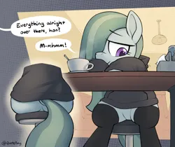 Size: 2981x2506 | Tagged: suggestive, artist:quotepony, derpibooru import, edit, marble pie, earth pony, pony, behind, butt, clothes, cup, dialogue, diner, featureless crotch, halftone, hoodie, image, marblebutt, mm-hmm, napkin holder, png, simple background, sitting, socks, solo, speech bubble, spoon, steam