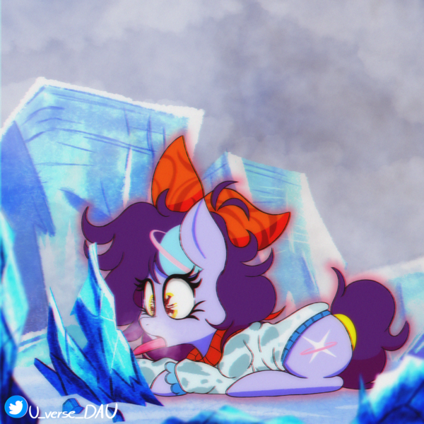 Size: 3072x3072 | Tagged: safe, artist:juniverse, derpibooru import, oc, oc:juniverse, unofficial characters only, earth pony, pony, clothes, cloud, cloudy, curiosity, facts, female, fog, glacial, ice, ice rocks, icy planet, image, planet, png, ribbon, solo, solo female, space pony, stars, stuck, sweater, tongue out, tongue stuck in ice, universe, uranus