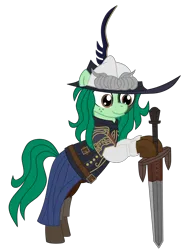 Size: 2250x3064 | Tagged: safe, artist:wallbeige, ponerpics import, wallflower blush, earth pony, pony, boots, clothes, freckles, greatsword, hat, image, lucatiel of mirrah, png, ponerpics fantasy community collab 2024, shoes, sword, weapon