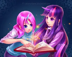 Size: 800x631 | Tagged: safe, artist:canarycharm, derpibooru import, twilight sparkle, oc, human, unicorn, book, g4, horn, humanized, image, jpeg