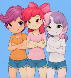 Size: 1808x1984 | Tagged: safe, ai content, machine learning generated, stable diffusion, apple bloom, scootaloo, sweetie belle, human, blue background, clothes, colored skin, crossed arms, cutie mark crusaders, horn, humanized, image, png, shirt, shorts, simple background, smiling, standing, trio, young
