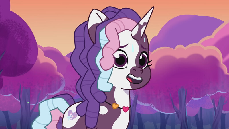 Size: 3072x1727 | Tagged: safe, derpibooru import, screencap, violette rainbow, pony, unicorn, g5, my little pony: tell your tale, spoiler:g5, spoiler:my little pony: tell your tale, spoiler:tyts02e06, female, filly, foal, horn, image, jpeg, open mouth, open smile, smiling, solo, sweat, sweatdrop, swirlpool starlight