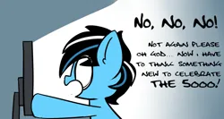 Size: 1500x800 | Tagged: dead source, safe, artist:thecoldsbarn, oc, oc:cold dream, unofficial characters only, pony, unicorn, computer, desk, dialogue, horn, image, jpeg, magic, male, monitor, open mouth, profile, solo, stallion, telekinesis, unicorn oc, wide eyes