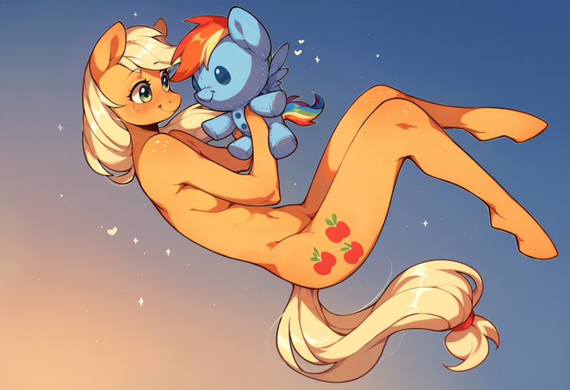 Size: 1216x832 | Tagged: suggestive, ai content, derpibooru import, machine learning assisted, machine learning generated, prompter:gullveigai, stable diffusion, applejack, rainbow dash, anthro, earth pony, original species, plush pony, pony, appledash, belly button, breasts, female, g4, generator:pony diffusion v6 xl, image, lesbian, nudity, plushie, png, shipping