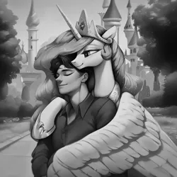 Size: 1024x1024 | Tagged: safe, ai content, derpibooru import, machine learning generated, stable diffusion, princess celestia, alicorn, human, black and white, canterlot, canterlot castle, clothes, crown, eyes closed, garden, generator:purplesmart.ai, grayscale, hug, image, jewelry, jpeg, monochrome, peytral, regalia, shirt, smiling, winghug, wings