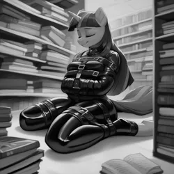 Size: 1024x1024 | Tagged: prompter needed, source needed, suggestive, ai content, derpibooru import, machine learning generated, stable diffusion, twilight sparkle, anthro, unguligrade anthro, unicorn, belt, belt buckle, belts, black and white, bondage, book, bookshelf, bookstore, eyes closed, generator:purplesmart.ai, grayscale, horn, image, jpeg, latex, latex suit, library, meditating, meditation, monochrome, rubber, rubber suit, sitting, smiling, solo, straitjacket, strap, straps