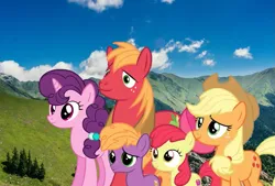 Size: 1063x720 | Tagged: safe, artist:darkmoonanimation, derpibooru import, apple bloom, applejack, big macintosh, little mac, sugar belle, earth pony, pony, unicorn, colt, female, filly, foal, g4, hiking, horn, image, irl, male, photo, png, vacation