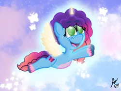 Size: 2160x1620 | Tagged: safe, artist:jesslmc16, derpibooru import, alicorn, butterfly, insect, pony, g5, my little pony: tell your tale, spoiler:g5, spoiler:my little pony: tell your tale, spoiler:tyts02e07, background, cloud, colored, colored wings, digital art, female, flying, horn, image, mare, misty brightdawn, png, procreate app, signature, skyros, solo, solo female, sparkles, stars, the lone alicorn, wings