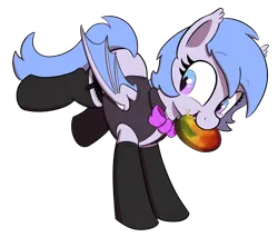 Size: 1698x1444 | Tagged: safe, artist:maretian, derpibooru import, oc, oc:lucky roll, bat pony, pony, bowtie, clothes, fangs, female, food, garter belt, image, jacket, mango, mare, png, simple background, smiling, socks, solo, transparent background