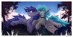 Size: 1257x636 | Tagged: safe, artist:kejifox, derpibooru import, oc, oc:blackberry frost, oc:lightning flare, unofficial characters only, bat pony, pegasus, pony, biting, choker, commission, cute, ear bite, ear piercing, female, image, jpeg, looking at each other, looking at someone, male, mare, nom, ocbetes, piercing, smiling, stallion, telephone pole, tree