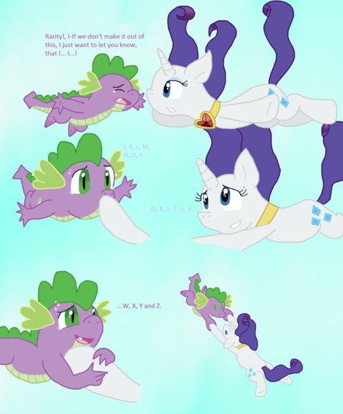 Size: 1700x2051 | Tagged: safe, artist:cmara, derpibooru import, rarity, spike, dragon, pony, unicorn, secret of my excess, alphabet, confession, falling, female, g4, horn, image, male, png, shipping, sparity, straight