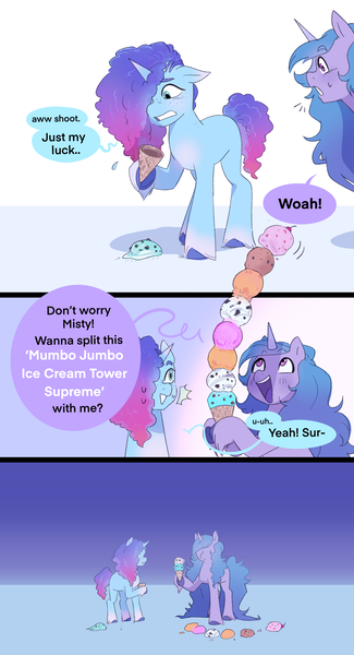 Size: 1866x3440 | Tagged: safe, artist:aztrial, derpibooru import, izzy moonbow, pony, unicorn, g5, bittersweet, comic, cute, duo, food, heartwarming, horn, ice cream, image, izzybetes, just my luck, kindness, misty brightdawn, mistybetes, oh, png, reality ensues, rebirth misty