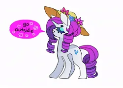 Size: 990x714 | Tagged: safe, artist:cutesykill, derpibooru import, rarity, pony, beanbrows, colored eyebrows, eyebrows, eyes closed, eyeshadow, female, flower, g4, hat, horn, image, jpeg, makeup, mare, profile, purple mane, purple tail, ringlets, simple background, smiling, solo, speech bubble, standing, sun hat, tail, text, thick eyelashes, wavy mane, wavy tail, white background, white coat