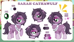 Size: 1200x689 | Tagged: safe, artist:jennieoo, derpibooru import, oc, oc:sarah cathawulf, earth pony, pony, bored, commission, cutie mark, eye, eyes, glasses, image, looking at you, mayor, png, reference sheet, show accurate, simple background, smiling, smiling at you, smug, solo, vector