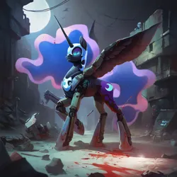 Size: 4090x4090 | Tagged: safe, ai content, derpibooru import, machine learning generated, prompter:sundear, stable diffusion, nightmare moon, alicorn, pony, absurd resolution, armor, blood, female, full body, generator:pony diffusion v6 xl, image, mare, moon, night, png, ruins, solo, spread wings, weapon, wings