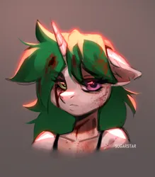 Size: 2349x2682 | Tagged: grimdark, artist:sugarstar, derpibooru import, oc, oc:sugarstar, anthro, unicorn, blood, female, heterochromia, horn, image, looking at you, png, solo