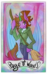 Size: 700x1110 | Tagged: safe, artist:destiny_manticor, derpibooru import, oc, oc:destiny manticor, unofficial characters only, alicorn, semi-anthro, blue wings, brush, claws, clothes, digital art, female, image, leonine tail, png, solo, tail, tarot, tarot card, wing claws, wings