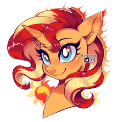 Size: 2080x2105 | Tagged: safe, artist:l4zy_4le, derpibooru import, sunset shimmer, pony, unicorn, blushing, bust, cutie mark, ear blush, female, fire, g4, high res, horn, image, jpeg, looking up, mare, signature, simple background, smiling, solo, white background