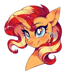 Size: 2080x2105 | Tagged: safe, alternate version, artist:l4zy_4le, derpibooru import, sunset shimmer, pony, unicorn, blushing, bust, ear blush, female, g4, high res, horn, image, jpeg, looking up, mare, signature, simple background, smiling, solo, white background