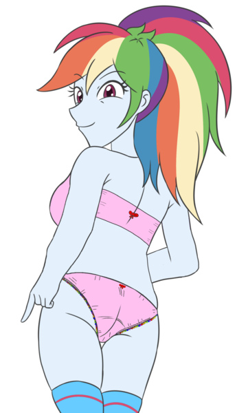 Size: 1671x2775 | Tagged: suggestive, artist:sumin6301 edits, derpibooru import, edit, rainbow dash, human, equestria girls, ass, bra, breasts, butt, cameltoe, clothes, female, frilly underwear, g4, high res, image, looking at you, looking back, looking back at you, panties, pink bra, pink panties, png, pointing, rainbutt dash, simple background, smiling, socks, solo, solo female, underwear, underwear edit, white background