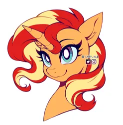 Size: 2080x2105 | Tagged: safe, alternate version, artist:l4zy_4le, derpibooru import, sunset shimmer, pony, unicorn, bust, colored, female, flat colors, g4, high res, horn, image, jpeg, looking up, mare, signature, simple background, smiling, solo, white background
