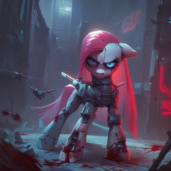 Size: 4090x4090 | Tagged: grimdark, ai content, derpibooru import, machine learning generated, prompter:sundear, stable diffusion, pinkie pie, cyborg, pony, absurd resolution, armor, blood, city, cyberpunk, drone, female, full body, generator:pony diffusion v6 xl, image, mare, neon, night, pinkamena diane pie, png, solo, solo female