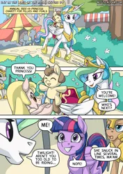 Size: 2171x3070 | Tagged: safe, artist:mysticalpha, derpibooru import, princess celestia, twilight sparkle, twilight sparkle (alicorn), oc, alicorn, pony, comic:day in the lives of the royal sisters, carnival, comic, cute, cutelestia, dialogue, female, filly, foal, g4, grin, guard, high res, image, magic, male, mare, png, ponies riding ponies, riding, royal guard, saddle, smiling, speech bubble, stallion, tack, twiabetes