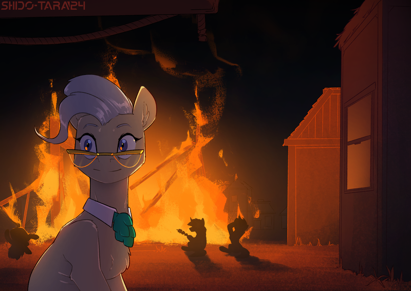 Size: 2283x1614 | Tagged: safe, artist:shido-tara, derpibooru import, mayor mare, earth pony, burning building, female, fire, glasses, image, looking back, night, png, sketch, smiling, solo, thousand yard stare