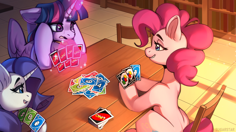 Size: 1920x1080 | Tagged: safe, artist:sugarstar, derpibooru import, pinkie pie, rarity, twilight sparkle, twilight sparkle (alicorn), alicorn, earth pony, pony, unicorn, book, bookshelf, card, card game, holding, horn, image, magic, open mouth, open smile, playing card, png, sitting, smiling, table, uno