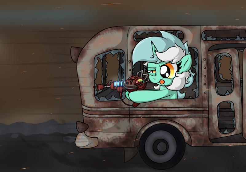 Size: 5034x3530 | Tagged: safe, artist:background basset, derpibooru import, lyra heartstrings, pony, unicorn, aiming, bus, call of duty, call of duty zombies, car, gun, horn, image, png, raygun, solo, squint, tongue out, vehicle, weapon