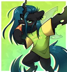 Size: 1494x1620 | Tagged: safe, artist:rtootb, derpibooru import, queen chrysalis, pony, clothes, cute, ear fluff, ear piercing, eating, female, food, horn, image, looking at you, mare, piercing, pizza, png, selfie, shirt, smiling, smiling at you, smirk, solo, t-shirt, teeth, wings