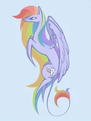 Size: 600x800 | Tagged: safe, artist:pulpslow, derpibooru import, rainbow dash, pegasus, pony, blue background, blue coat, colored muzzle, colored pinnae, female, flying, hooves in air, hooves to the chest, image, jpeg, long mane, mare, multicolored hair, multicolored mane, multicolored tail, narrowed eyes, partially open wings, passepartout, rainbow hair, rainbow tail, simple background, solo, stylized, tail, wing fluff, wings
