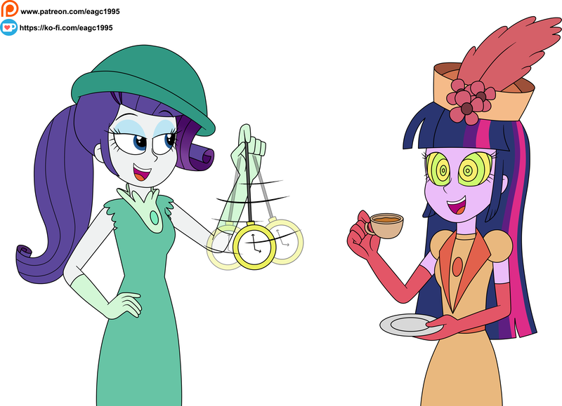 Size: 4544x3290 | Tagged: safe, artist:eagc7, derpibooru import, rarity, twilight sparkle, equestria girls, cup, duo, duo female, female, food, g4, hypnosis, image, ko-fi, patreon, png, simple background, tea, teacup, white background